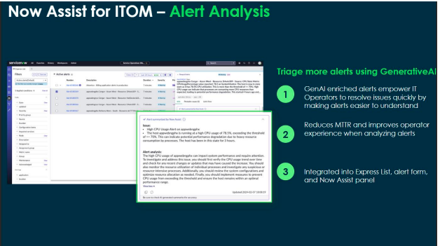 Otto for ITOM alert analysis panel showing an AI generated summary of a CPU usage alert