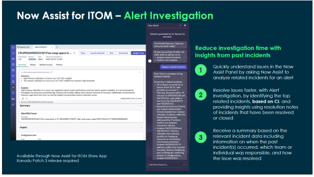 Otto for ITOM alert investigation, with related incidents and a suggested resolution in the Otto panel