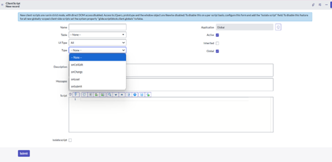 The Client Script form in ServiceNow with the Type dropdown open