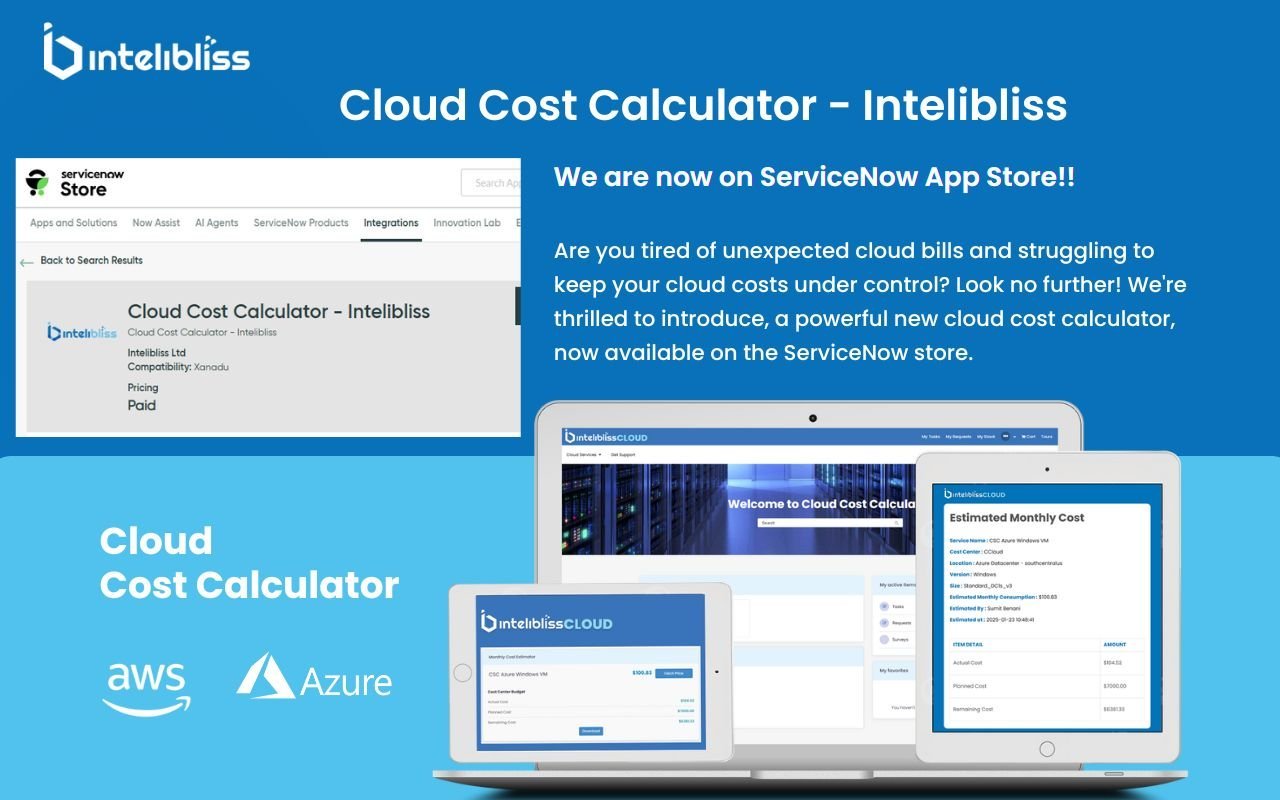 The Cloud Cost Calculator listing on the ServiceNow Store alongside screenshots of the app's estimated monthly cost view