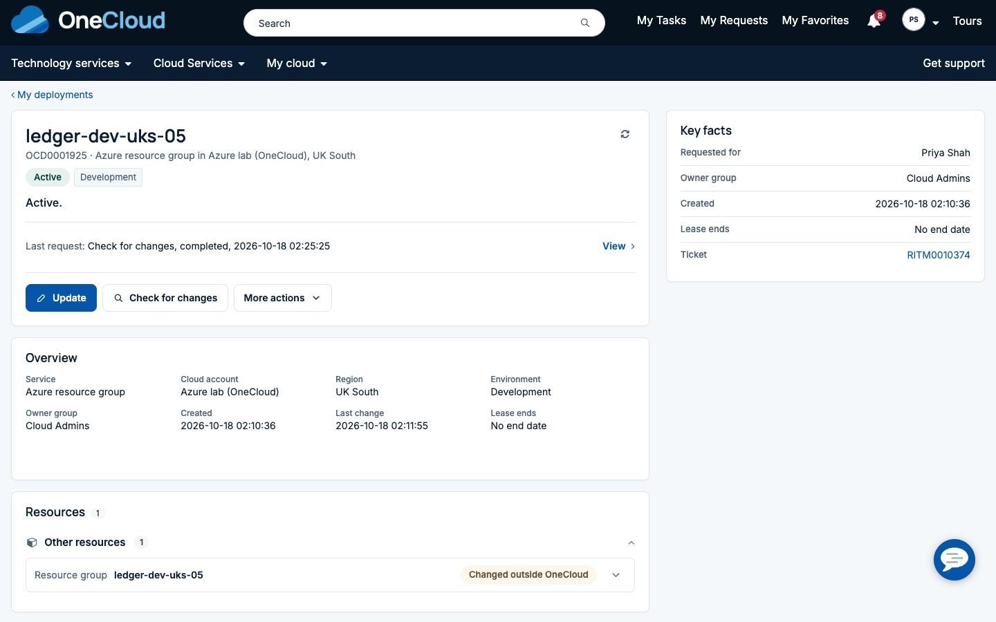 A OneCloud deployment page in Employee Center for an Azure resource group, Active, with the resource marked Changed outside OneCloud after the nightly drift check