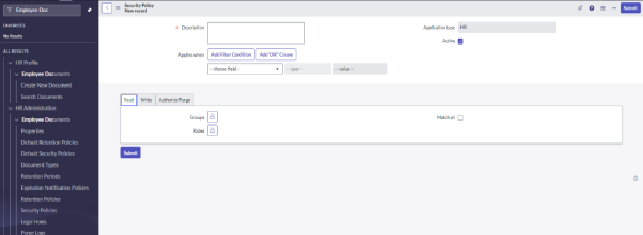 A new Security Policy record with Read, Write and Authorize Purge tabs