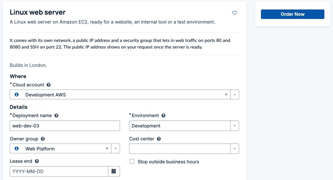 A OneCloud order form in Employee Center for a Linux web server on AWS, grouped into Where, Details and More settings, with cloud account, deployment name, environment, owner group, lease end and an option to stop outside business hours