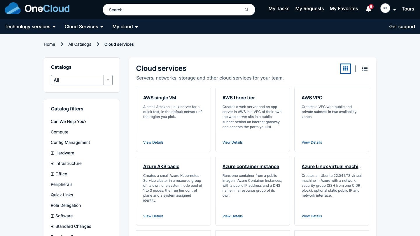 The Cloud services catalog in Employee Center with OneCloud items for AWS and Azure, including virtual machines, three tier applications, a VPC, an AKS cluster and a container instance
