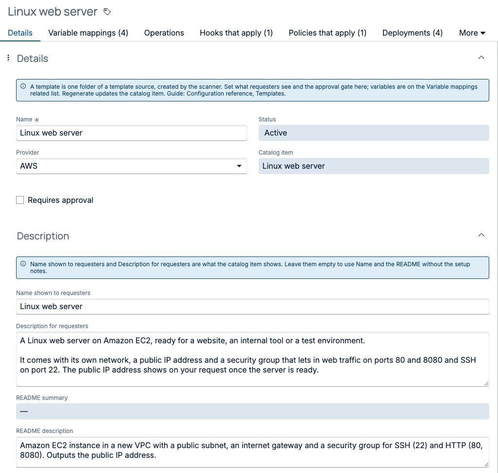 A OneCloud template record in the workspace: a Linux web server on AWS, Active, with its catalog item, the name and description shown to requesters, and tabs for variable mappings, operations, hooks, policies and deployments