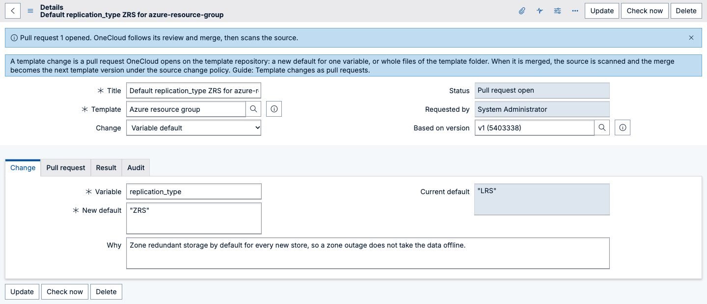 A template change in OneCloud: a new default of ZRS for the replication type variable of an Azure resource group template, with the reason, and a note that the pull request is open and OneCloud will follow its review and merge