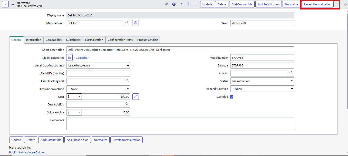 A Hardware Model record with the Revert Normalization button highlighted