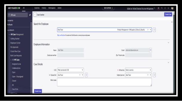 The HR case creation form in the HR Case Management module