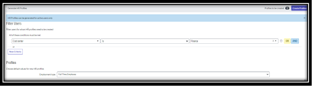 The Generate HR Profiles page with a filter on cost centre and a default employment type