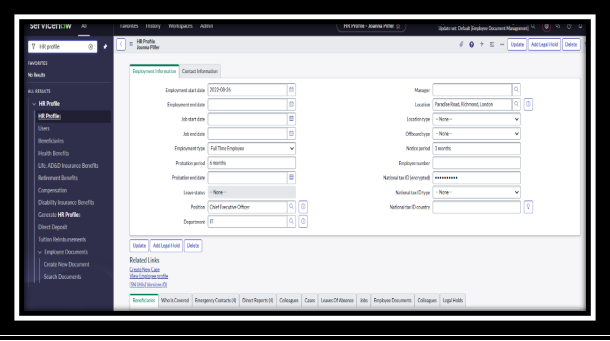 An HR Profile record with the Create New Case related link
