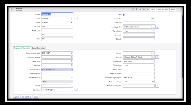 An HR Profile record in ServiceNow HRSD showing employment information fields