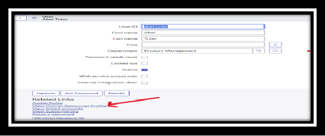 A User record with the View Human Resources Profile related link