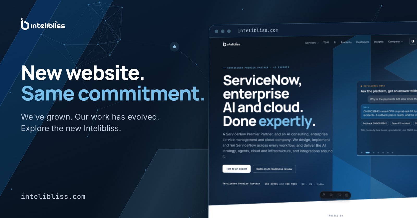 New website. Same commitment. The new intelibliss.com homepage shown in a browser window next to the Intelibliss logo