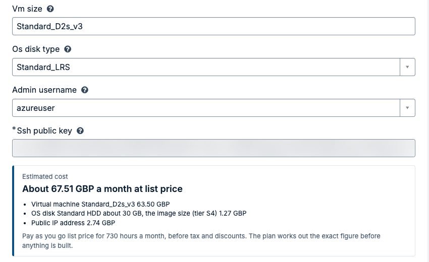 The estimated cost box on an Azure order form in Employee Center: about 67.51 GBP a month at list price, split into the virtual machine, the OS disk and the public IP address