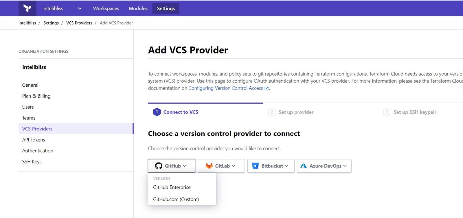The Add VCS Provider page in Terraform Cloud with GitHub.com (Custom) selected