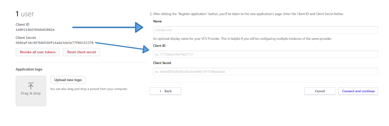 Copying the GitHub client ID and client secret into the Terraform VCS provider form