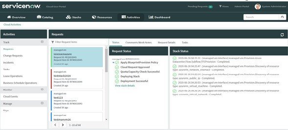 The ServiceNow Cloud User Portal showing a completed Terraform provisioning request and its stack status