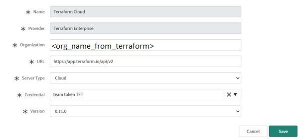 The config provider form for Terraform Cloud with organisation, URL and credential