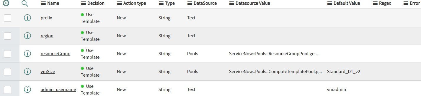 Template parameters generated from the Terraform variables, including region, resource group and VM size