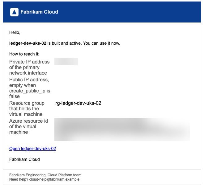 A branded email for an example customer: the customer’s own header and logo, a note that the virtual machine is built and active with how to reach it, and the customer’s footer and support contact