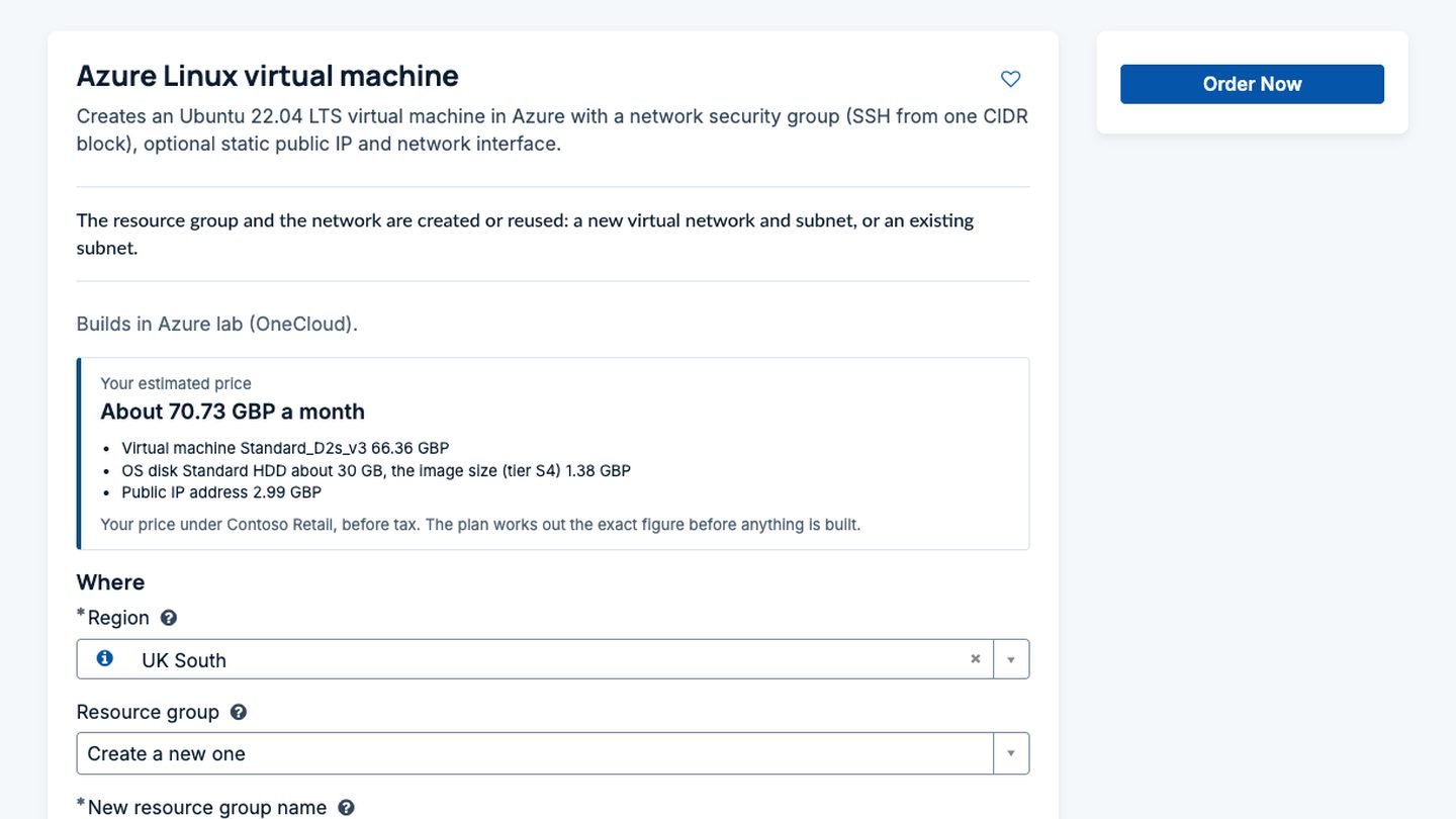 An Azure Linux virtual machine order form in Employee Center showing the customer's estimated price of about 70.73 GBP a month, split into the virtual machine, its OS disk and a public IP address