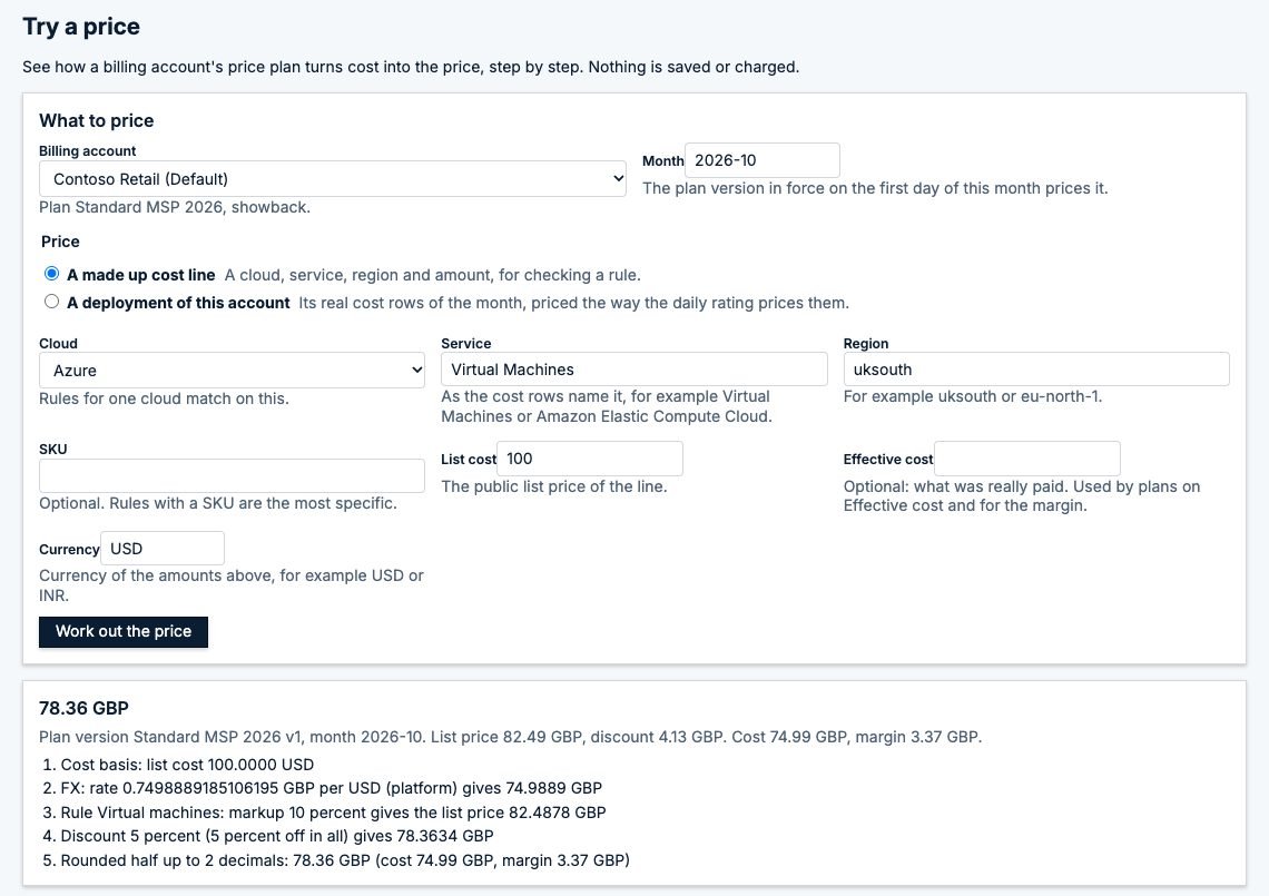 Try a price: an example customer’s billing account and a made-up line of 100 USD list cost for Azure virtual machines in UK South, priced at 78.36 GBP with each step listed, from cost basis and exchange rate to markup, discount and rounding
