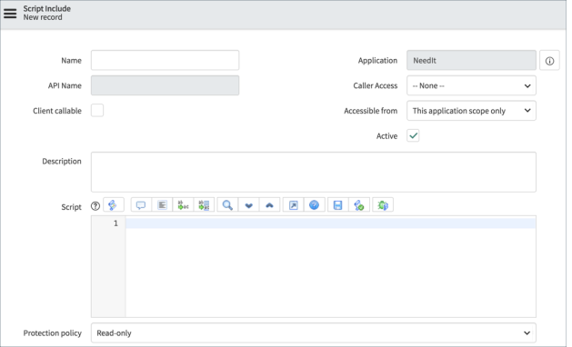 The blank Script Include form with name, API name, client callable and accessible from fields