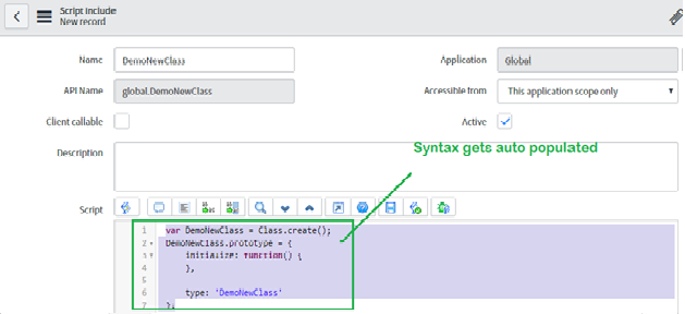 A new Script Include record in ServiceNow with the class syntax populated automatically