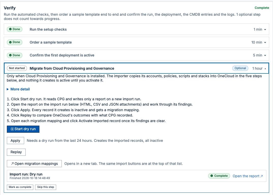 The Migrate from Cloud Provisioning and Governance step in the OneCloud setup assistant: start a dry run, read the report, apply with every record inactive, replay past decisions and activate each imported record, with a completed dry run listed below