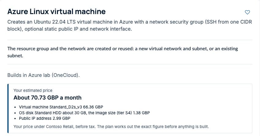 An Azure order form with the customer's estimated price: about 70.73 GBP a month, split into the virtual machine, the OS disk and the public IP address, under an example customer's price plan