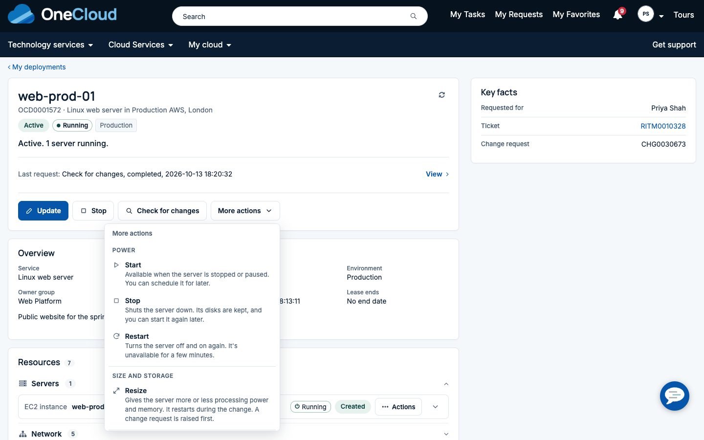 Deployment page for a production Linux web server on AWS, Active and running, with Update, Stop, Check for changes and the More actions menu open: Start, Stop, Restart and Resize, each with a sentence on what happens