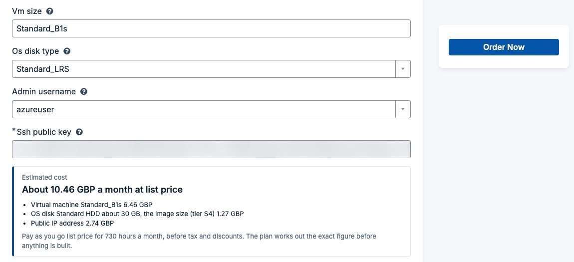 The bottom of an Azure order form: VM size, OS disk type and admin user name, then the estimated cost of about 10.46 GBP a month at list price, split into the virtual machine, its OS disk and a public IP address, next to Order Now