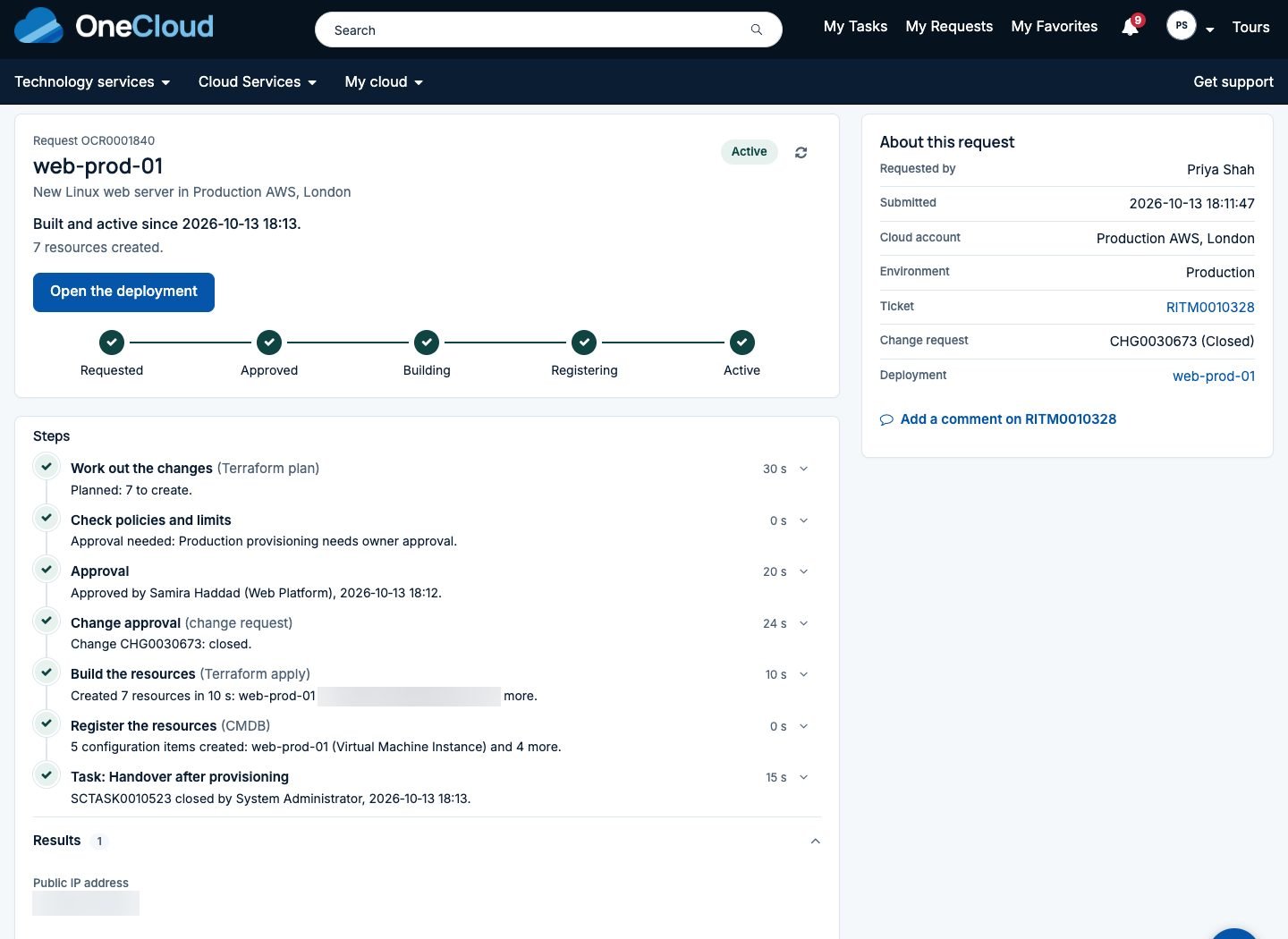 Request tracker for a production Linux web server on AWS: stages Requested, Approved, Building, Registering and Active, with one line per step including the policy check, owner approval, change request, build and five configuration items created in the CMDB