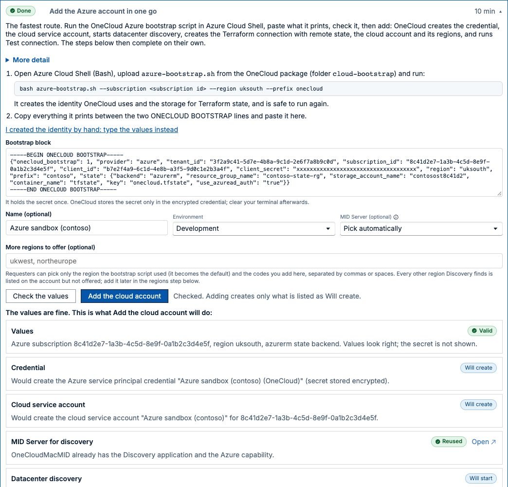 The Add the Azure account in one go step: a pasted bootstrap block with example values and the secret masked, and a list of what will be created: credential, cloud service account, datacenter discovery, connection, cloud account, regions and a connection test