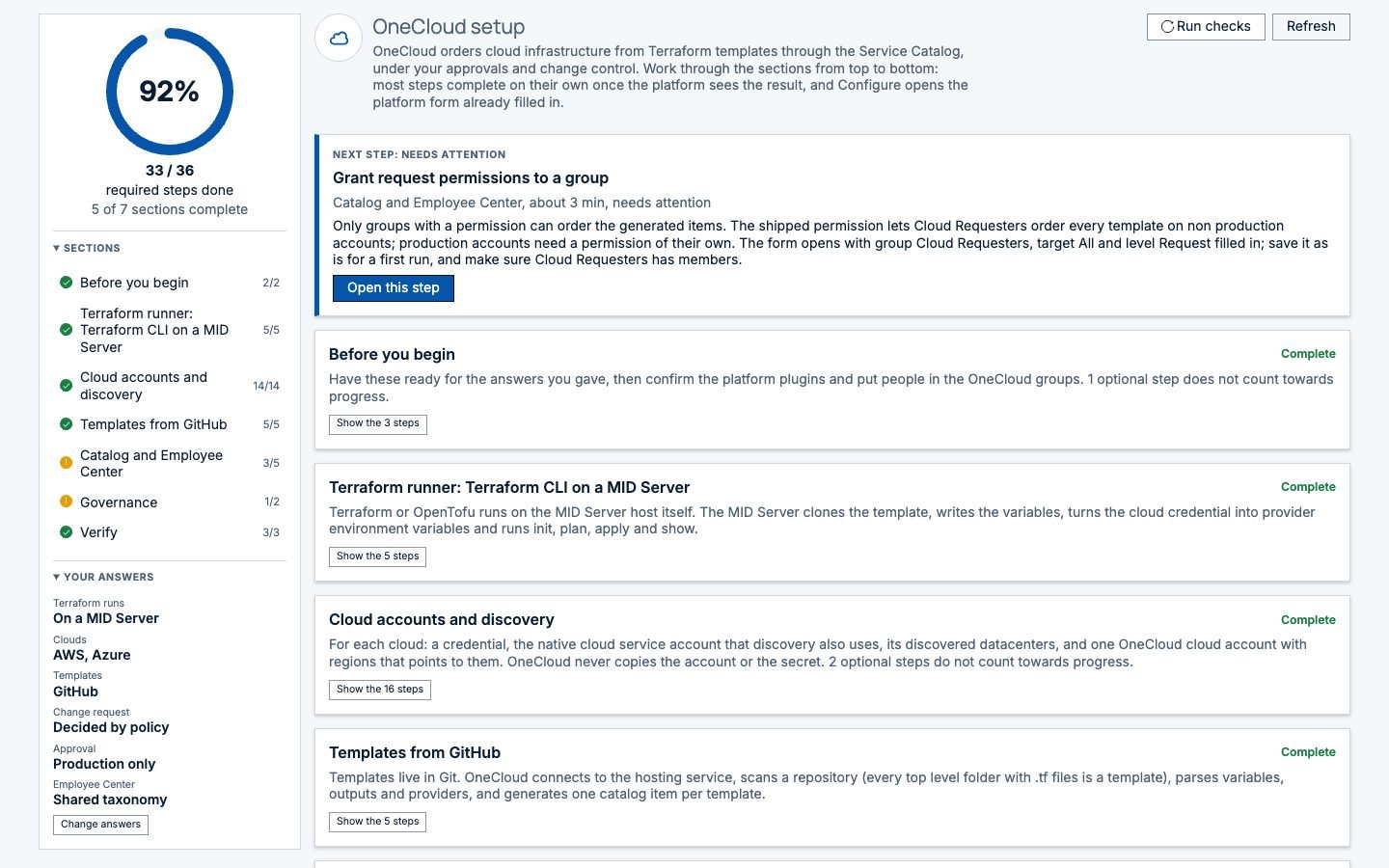 OneCloud setup assistant: a progress ring with the required steps done, sections for the runner, cloud accounts and discovery, templates, catalog and Employee Center, governance and verify, the next step card and the answers given to the setup questions