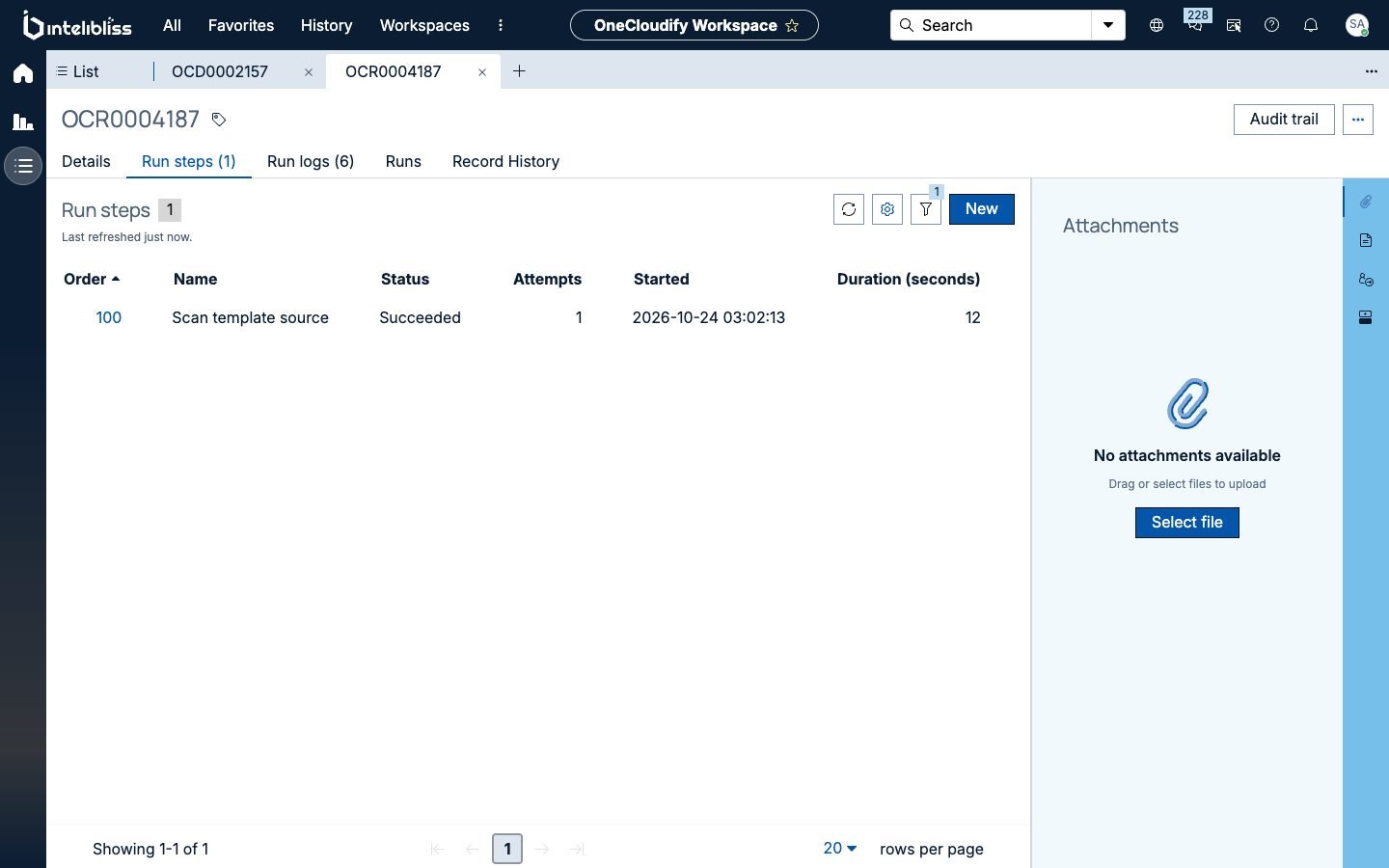 The Run steps tab of a run in the OneCloudify Workspace: acquire deployment lock, Terraform plan, evaluate policies and quota, approval, change request, Terraform apply, record resources in the CMDB, handover after provisioning and targeted discovery, each with its status, attempts, start time and duration