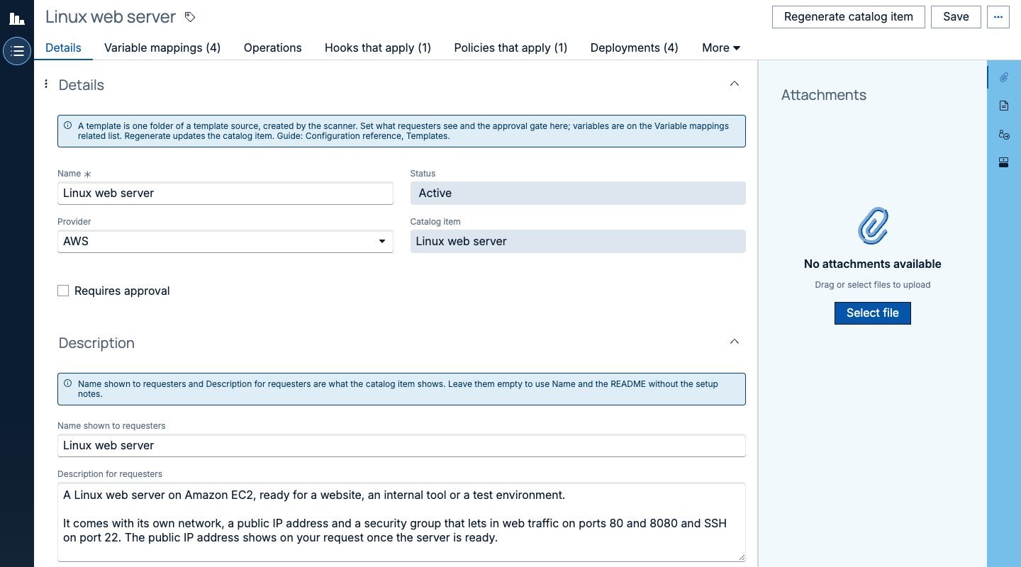 A template record in the OneCloud Workspace: a Linux web server on AWS, Active, linked to its catalog item, with the name and description shown to requesters, a Requires approval option, a Regenerate catalog item button and tabs for variable mappings, operations, hooks, policies and deployments